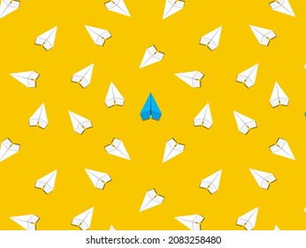 Business for new ideas creativity, innovation and solution concept, blue paper plane standing out from the group on yellow background. Business startup different from others. Vector seamless pattern.
