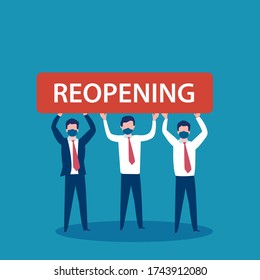 Business new normal vector concept: Business people wearing face mask announcing re-opening of their shops