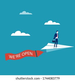 Business new normal vector concept: Businessman standing on flying paper plane with we are open flag