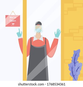 Business New Normal Vector Concept: Portrait Of Store Clerk Wearing Face Mask And Face Shield While Pointing At 