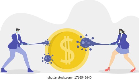 Business new normal vector concept: business people cleaning the big coin from the coronavirus
