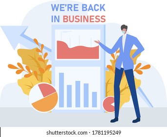 Business new normal vector concept: businessman wearing face mask while doing presentation of the business chart's profit and loss