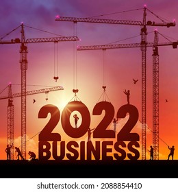 Business in the New Year 2022. Vector illustration business finance background. 2022 construction site crane building a business text idea concept. Black silhouette illustration design.