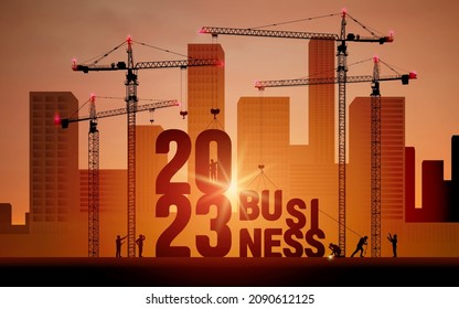 Business in the New Year 2023. Vector realistic business finance, background of the city. 2023 construction site crane building a business text idea concept. Black silhouette illustration design.