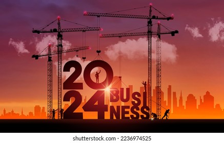 Negocios en el Año Nuevo 2024. Antecedentes financieros empresariales realistas en materia de vectores. Grúa de construcción 2024 construyendo un concepto de texto de negocios. Diseño de ilustración de silueta negra.