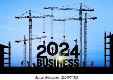 Business in the New Year 2024. Vector illustration business finance background. Large construction site crane building a business text idea concept. Black silhouette illustration design.