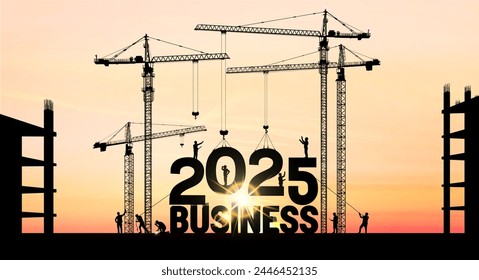 Business in the New Year 2025. Vector illustration business finance background. Large construction site crane building a business text idea concept. Black 2025 silhouette illustration design.