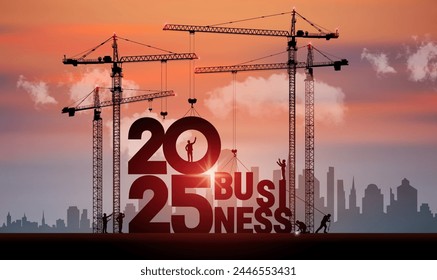 Business in the New Year 2025. Vector realistic business finance background. 2025 construction site crane building a business text idea concept. Black silhouette 2025 numbers design.