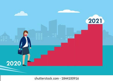 Business new year concept: Businesswoman in face mask climbing stairs from number 2020 to number 2021