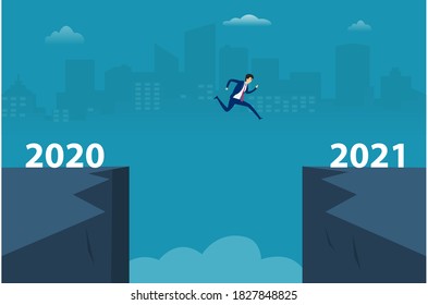 Business in new year vector concept: Young businessman jumping between number 2020 and 2021