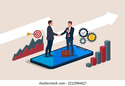 Business news analytics. Two business men shaking hands Block B2B Business-to-Business, Networking, Technology, Marketing and Internet. Vector illustration