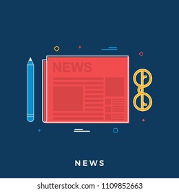 Business News Concept.  Newspaper, Pencil and Glasses. Flat Line Art. Vector Illustration. Morning News Flat Banner for Websites