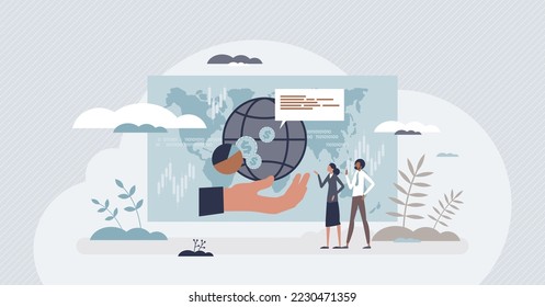 Business news and global economy daily updates reading tiny person concept. New online page with economics and finances article publication data for overall company understanding vector illustration.