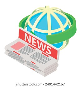 Icono de noticias de negocios vector isométrico. Flecha alrededor de la cuadrícula del globo y pila de periódicos. Prensa, medios impresos, medios de comunicación de masas