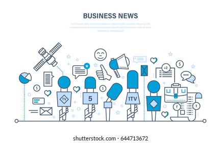 Business news, interview, press conference, technology, comments and reviews, work with data, analysis. Mass media interview concept. Illustration thin line design of vector doodles