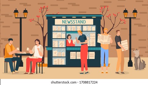 Business news media with people at newsstand reading morning newspapers information press reports flat vector illustration. Newsletter and information. Business and market news. Financial report.