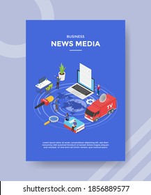 business news media peopleon map world around computer laptop microphone book tv report car for template of banner and flyer