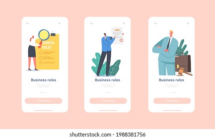 Business News Mobile App Page Onboard Screen Template. Characters Read Corporate Compliance Rules, Culture and Policies. Representation of Business Laws Concept. Cartoon People Vector Illustration