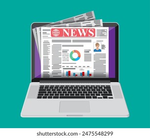 Business news on screen of laptop computer. Rolled daily newspaper in internet. Online news journal roll. Pages with various headlines, images, quotes, text articles. Vector illustration flat style