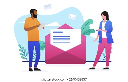 Business newsletter - Caucasian woman and ethnic man working on e-mail campaign for corporate business. Flat design vector illustration with white background