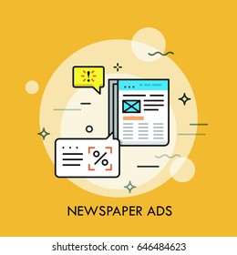 Business newspaper with advertisements and speech bubbles. Announcement in periodical, marketing method concept. Vector illustration for brochure, presentation, website, poster, print, banner.