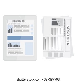 Business newspaper on tablet. Mobile news concept. Tablet and newspaper. Reading online news on tablet concept. Flat design.