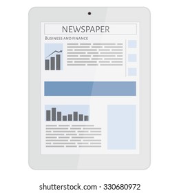 Business newspaper on tablet. Mobile news concept. Tablet and newspaper. Reading online news on tablet concept. Flat design.