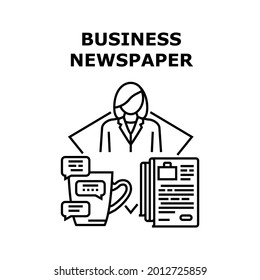 Concepto de icono de vectores en un periódico de negocios. Periódico De Negocios Leyendo Publicación De Noticias Financieras Y De Mercado, Empresaria Leyendo Información Y Copa De Bebidas Por La Mañana Ilustración Negra