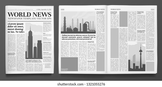 Business newspaper template. Financial news headline, newspapers pages and finance journal. Newsprint press, daily brochure or business magazine. Isolated vector illustration layout set