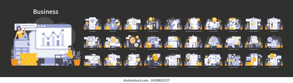 Business night or dark mode set. Diverse corporate activities from analysis to e-commerce depicted. Strategic planning, investment, and resource management essentials. Vector illustration.