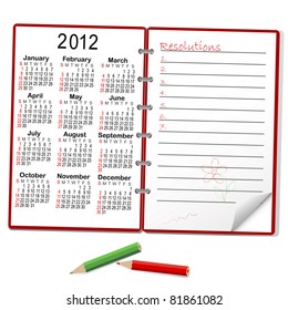 Business notebook with calendar for 2012 and resolution. Vector.
