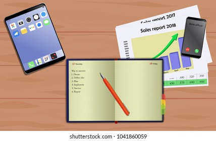 Business notebook (diary) with motivation text about business idea and planning. With free blank space for your text. On business desk with reports, mobile and tablet