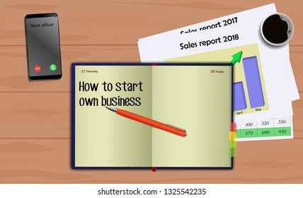 Business notebook (diary) with text How to start own business. With free blank space for your text. On business desk with reports, mobile and coffee