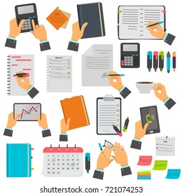 Business notes, calendar, to-do list, notebook, tablet color icons set. Different business manipulations isolated on white