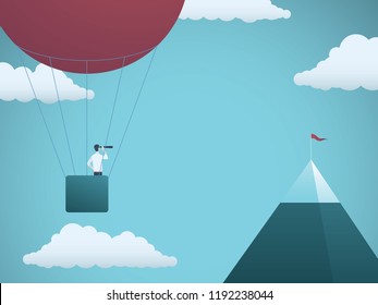 Business objective and challenge vector concept. Businessman in balloon flying towards mountain with flag. Symbol of business target, mission, strategy, opportunity. Eps10 vector illustration.
