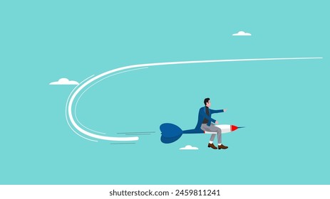 business objective change, change management goals or business strategy to achieve business success, businessman riding dart changing direction to the right target concept vector illustration