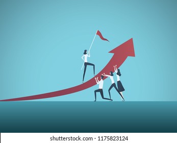 Business objective, goal or target vector concept. Team of business people working together. Symbol of growth, teamwork, challenge. Eps10 vector illustration.