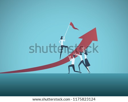 Business objective, goal or target vector concept. Team of business people working together. Symbol of growth, teamwork, challenge. Eps10 vector illustration.