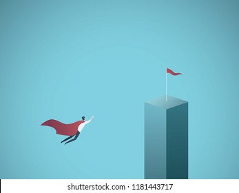 Business objective and leadership vector concept. Businessman superhero flying towards his goal, mission. Symbol of success, power, strength, motivation, ambition. Eps10 vector illustration.