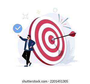 Business objective, purpose or target, goal and resolution to aim for success, aspiration and motivation to achieve goal concept, confident businessman stand with arrow hit bullseye on archery target.