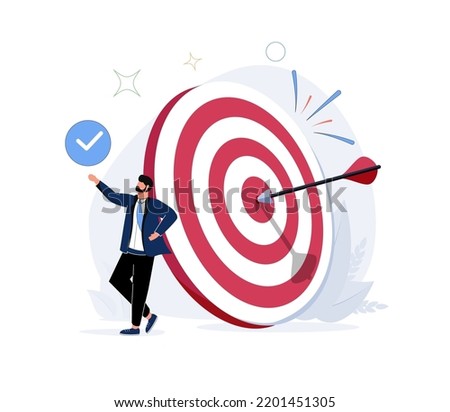 Business objective, purpose or target, goal and resolution to aim for success, aspiration and motivation to achieve goal concept, confident businessman stand with arrow hit bullseye on archery target.