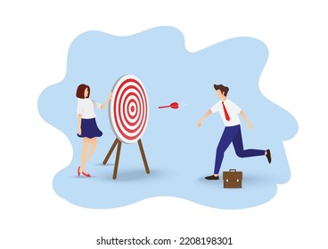 Business objective and strategy. business concept. Businessman throwing dart at target. Symbol of business goals, aims, mission, opportunity and challenge. Vector illustration.