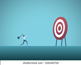 Business objective and strategy vector concept. Businesswoman throwing dart at target. Symbol of business goals, aims, mission, opportunity and challenge. Eps10 vector illustration.