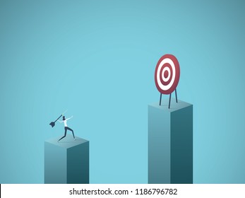 Business objective and strategy vector concept. Businesswoman throwing dart at target. Symbol of business goals, aims, mission, opportunity and challenge. Eps10 vector illustration.