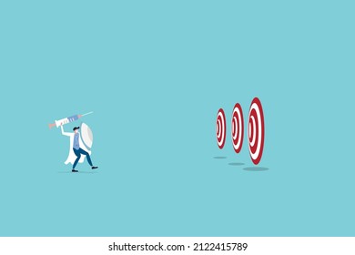 Business Objective And Strategy Vector Concept. Businessman Or Doctor With Face Mask Throwing Dart At Target. Symbol Of Business Goals, Aims, Mission, Opportunity And Challenge