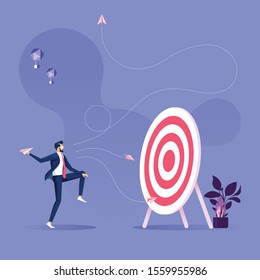 Business Objective And Strategy Vector Concept-Businessman Throwing Paper Plane To Target