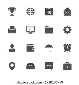 Business objects flat icons in gray. Set of 16 pieces.