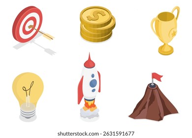 Business objects set. Light bulb, rocket, dart target, coins, cup, mountain. 3d flat isometric vector illustration isolated on white background. Eps 10.