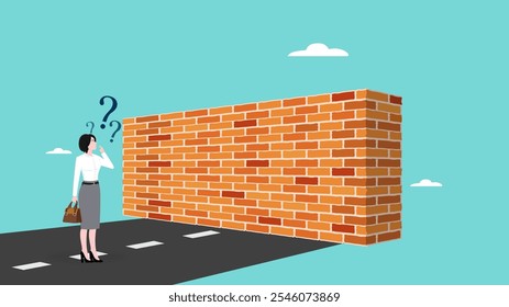 conceito de obstáculo e barreira empresarial, empresária de frente para a ilustração de conceito de parede, Empresária Stand com Dizzy Head frente de High Brick Wall Face Difficulty on Way to Goal Achievement