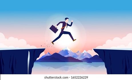 Business obstacle - Businessman taking risk, jumping over gap with open landscape and sunlight in background. Challenge, risk and reward concept. Vector illustration.